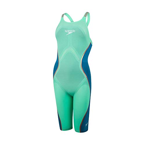 Speedo Fastskin LZR Pure Intent Openback Kneeskin Traje de baño, Mujer, Green Glow/Nordic Teal/Rose Gold/White, 24