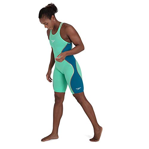 Speedo Fastskin LZR Pure Intent Openback Kneeskin Traje de baño, Mujer, Green Glow/Nordic Teal/Rose Gold/White, 28