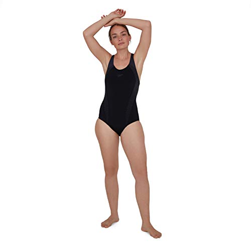 Speedo Laneback con Inserto Bañador, Mujer, Negro/Gris óxido, 11-12