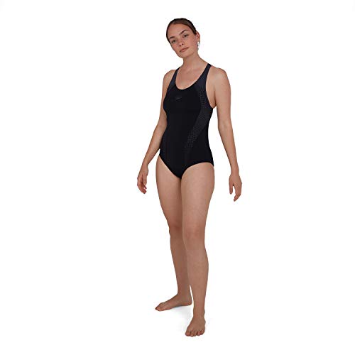 Speedo Laneback con Inserto Bañador, Mujer, Negro/Gris óxido, 11-12