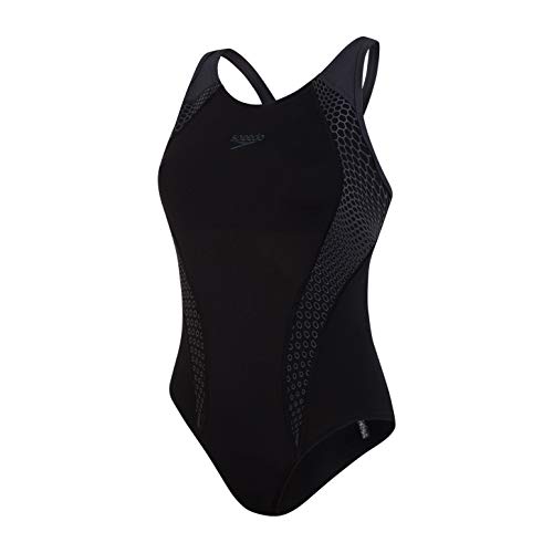 Speedo Laneback con Inserto Bañador, Mujer, Negro/Gris óxido, 6-9M