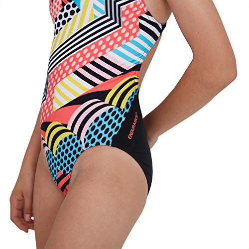 Speedo Leaderback con Inserto Digital DazzleSpark Bañador, Niñas, Negro/Blanco/Turquesa/Rojo Fénix, 13-14