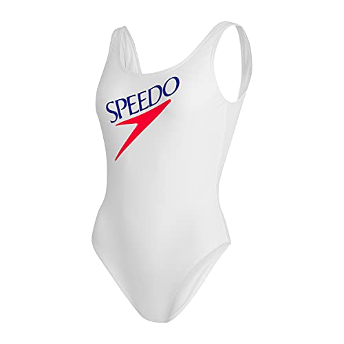 Speedo Logo Retro Espalda en U Profond One Piece Swimsuit Mujer, Mujer, 812369C954, Blanco, Azul y Rojo, Extra-Large