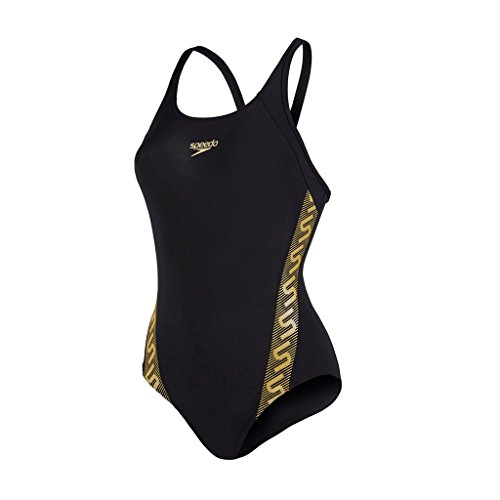 Speedo Monogram Muscleback – Bañador de Mujer, Color Negro/Global Oro, Tamaño 28