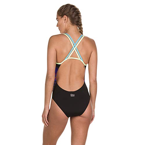 Speedo Neon Fan Placement Crossback Bañador, Mujer, Neon Fan Blk/BRT Zst/Aqua, 30 (ES 36)