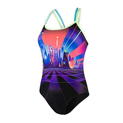 Speedo Neon Fan Placement Crossback Bañador, Mujer, Neon Fan Blk/BRT Zst/Aqua, 30 (ES 36)