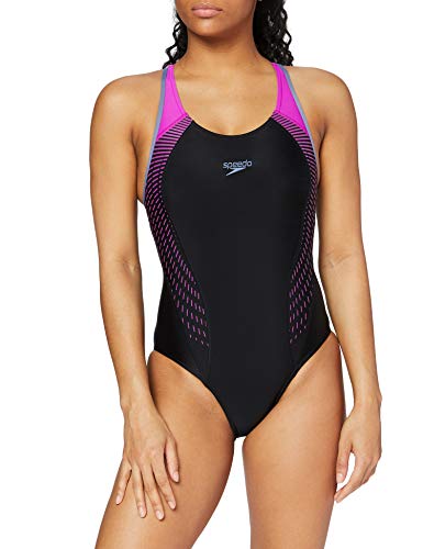 Speedo Placement Laneback Bañador, Mujer, Negro (Black/Violet), 32