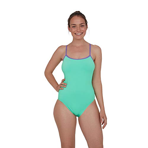 Speedo Solid Tie-Back 1 Piece Traje De Baño, Mujer, Green Glow/Ultra Violet/Black, 32