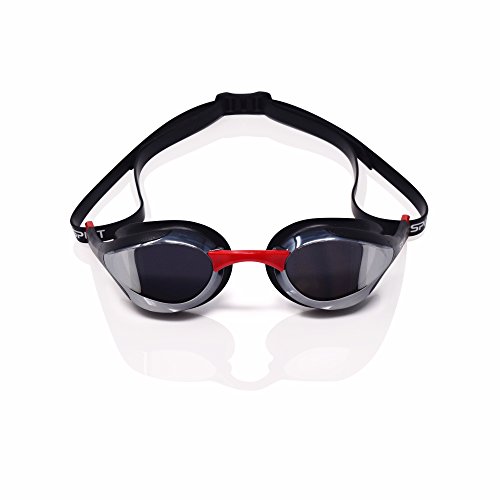 Split Swim Co. fluidix Nadar Gafas – Ultra Perfil bajo, Gran Angular Visión, hidrodinámica Gafas de natación, Ajustable Nariz Unidades, Efecto Espejo Lente con protección UV y antivaho (4, Negro/Rojo