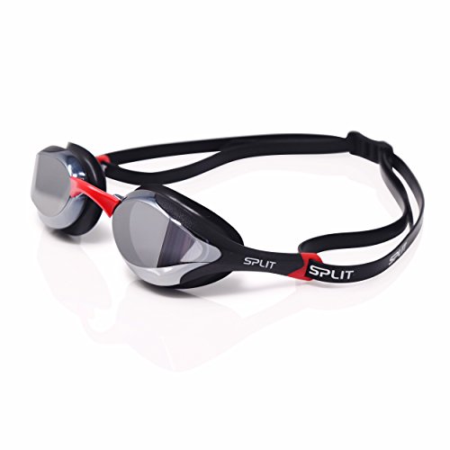 Split Swim Co. fluidix Nadar Gafas – Ultra Perfil bajo, Gran Angular Visión, hidrodinámica Gafas de natación, Ajustable Nariz Unidades, Efecto Espejo Lente con protección UV y antivaho (4, Negro/Rojo