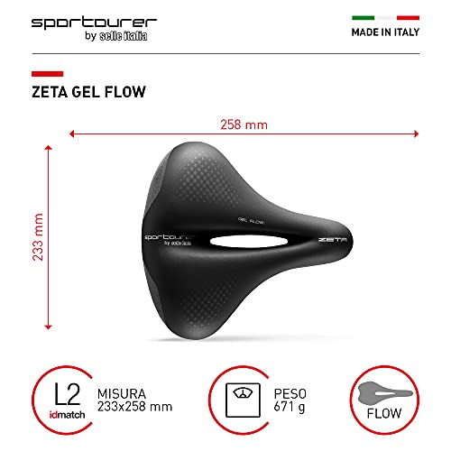 Sportourer by Selle Italia - Zeta Comfort Gel Superflow, Sillín de Bicicleta City, de Gel Suave, con Tecnología Reflectante para Baja Visibilidad, Resistente al Agua - Negro