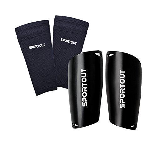 Sportout - Espinilleras para niños, jóvenes, adultos, con fundas elásticas altas, ofrece una protección integral para las piernas., color Negro-1, tamaño large