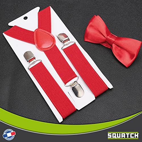 SQUATCH® | Tirantes para niños de 1 a 8 años | Con pajarita | 3 clips reforzados | Longitud ajustable | Color liso, rojo, M