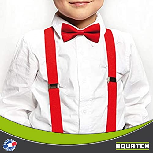 SQUATCH® | Tirantes para niños de 1 a 8 años | Con pajarita | 3 clips reforzados | Longitud ajustable | Color liso, rojo, M