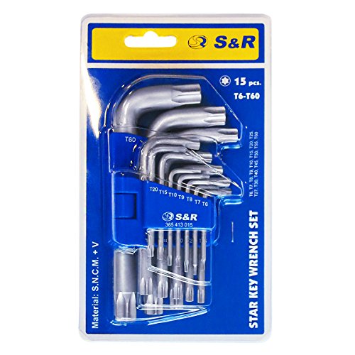 S&R LLAVES TORX Juego de 15 llaves allen Torx cortas hexagonales EXTRA RESISTENTES TX6-TX60. Llaves non perforadas.