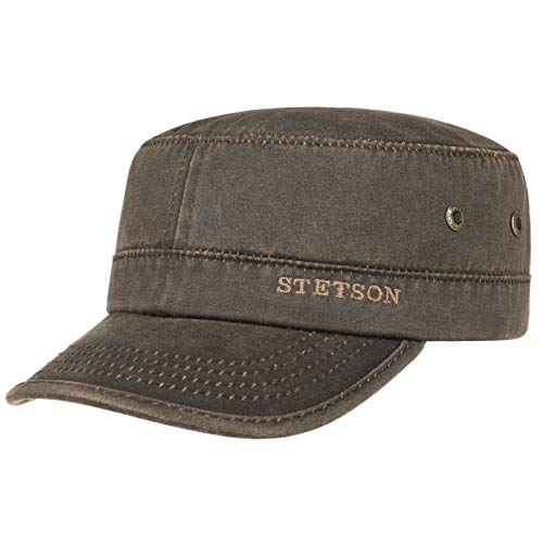 Stetson Datto Armycap Hombre - Algodón impermeable - Invierno/Verano - Gorra militar con protección solar UV 40+ - Gorra urbana - Imitación de cuero desgastado (Oilskin) - Army Cap marrón M (56-57 cm)