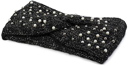 styleBREAKER Cinta para la Frente de Punto de Mujer con Perlas, Hilo metálico y Nudo, Cinta para el Pelo, Head Band 04026029, Color:Negro