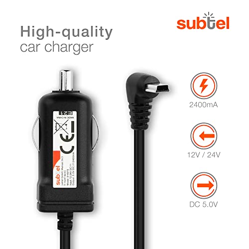 subtel® Cargador de Coche 1.1m 1A / 1000mA Compatible con TAHUNA Teasi One4, One3, One 2, One Classic, Core, Pro Pulse, 5V Cable de Carga Mini USB 12V / 24V