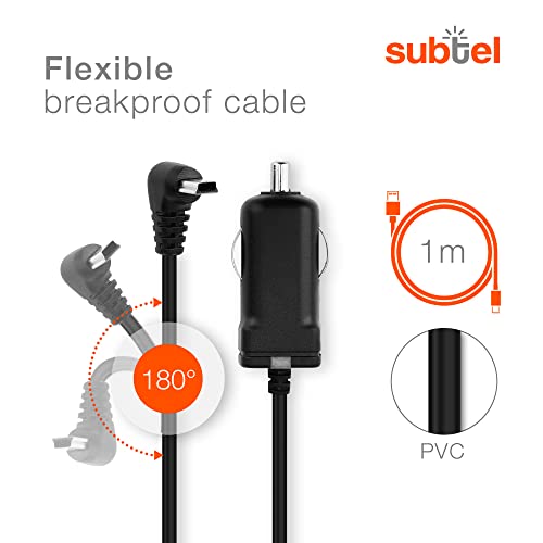 subtel® Cargador de Coche 1.1m 1A / 1000mA Compatible con TAHUNA Teasi One4, One3, One 2, One Classic, Core, Pro Pulse, 5V Cable de Carga Mini USB 12V / 24V