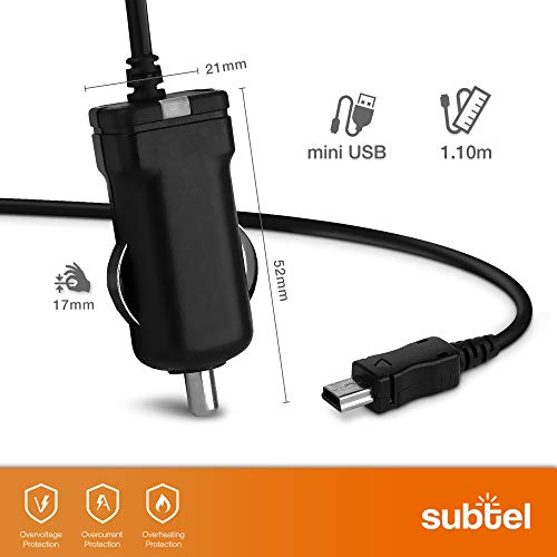 subtel® Cargador de Coche 1.1m 1A / 1000mA Compatible con TAHUNA Teasi One4, One3, One 2, One Classic, Core, Pro Pulse, 5V Mini USB Cable de Carga