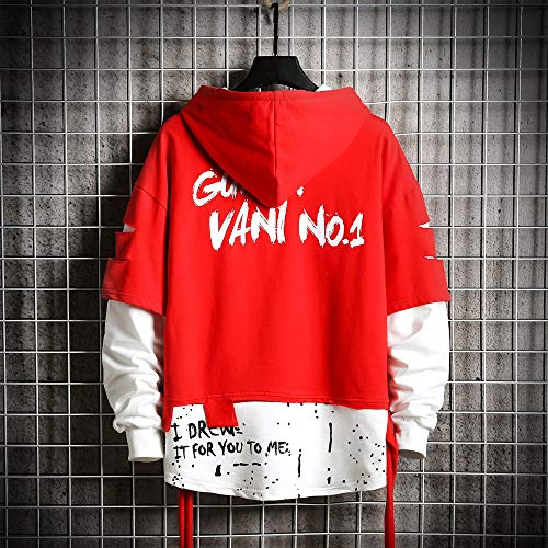 Sudadera con capucha para hombre moderna con capucha, con diseño hip hop y patchwork, Rojo, M/3XL