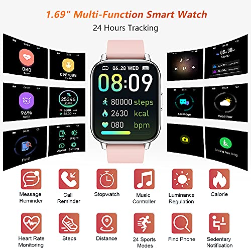 Sudugo Smartwatch Mujer, 1,69" Táctil Completa Reloj Inteligente con Monitor de Sueño, Pulsómetro, Cronómetro, Calorías Podómetro Impermeable IP67 Pulsera Actividad Inteligente para Android iOS, Rosa