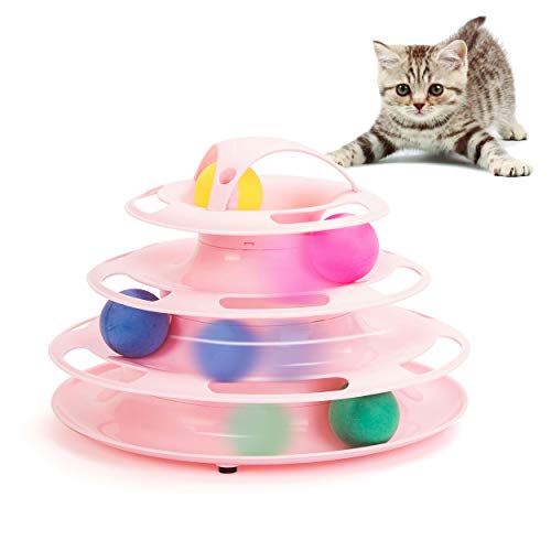 Suhaco Juguetes para Gatos 4 Capas Juguete de la Bola del Rodillo Torre Interactiva de Pistas Rompecabezas Teaser Divertido Gatito Juguete (Rosa)