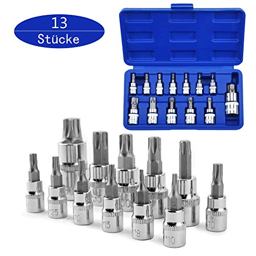 Sukudon 13pzs Juego de llaves de vaso Torx T8-T70 S2 Socket de acero Juego de Herramientas reparación de llaves Allen hexagonales Taller Mecanico Caja de Herramientas Destornillador Accesorios Coche