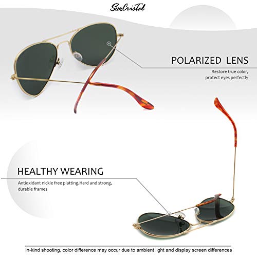 SunCristal Gafas de metal clásicas Cara pequeña Hombres Mujeres Adolescente UV400 Gafas de sol polarizadas (marco dorado + lente verde)