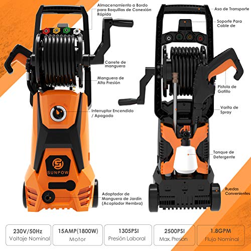 SUNPOW Hidrolimpiadora, 8 en 1 Hidrolimpiadora de Alta Presión 169 bar Max, Caudal máximo de 342L / h, 1800W, Enrollador de Manguera, 4 boquillas, pistolas para limpiar coche, patio, jardín