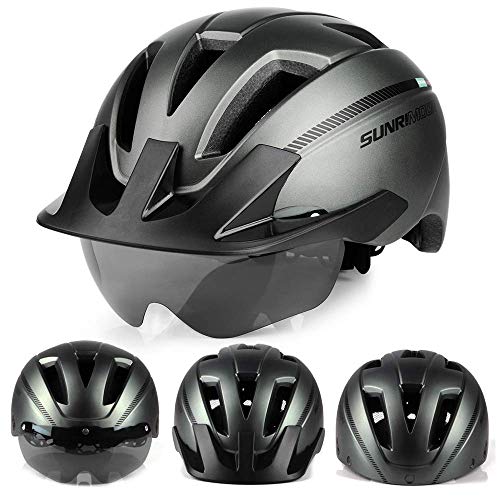 SUNRIMOON Casco de Ciclismo con Gafas Magnéticas y Visera Desmontable y Luz de Seguridad Recargable, Casco de Bicicleta de Montaña Ajustable para Adultos con Certificación CPSC para Hombres/Mujeres