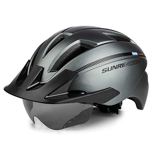 SUNRIMOON Casco de Ciclismo con Gafas Magnéticas y Visera Desmontable y Luz de Seguridad Recargable, Casco de Bicicleta de Montaña Ajustable para Adultos con Certificación CPSC para Hombres/Mujeres