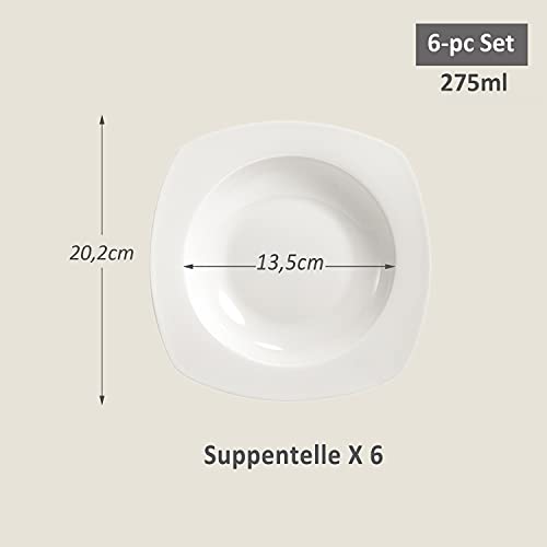 suntun Juego de Platos Hondos 6 piezas, 275ml Cuadrado Blanca Cremosa Plato de Sopa, Ensalada, Set Platos de Porcelana Modernas, 20,2cm Nueva Porcelana de Hueso Juegos Vajillas para 6 Personas