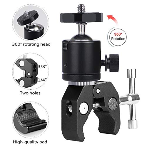 Super Clamp con cabezas de trípode Soporte de abrazadera Clip de cangrejo para cámara Rotación de 360 ​​° con roscas de 1/4 "y 3/8" para cámara para fotografía, cámara, monopié, video