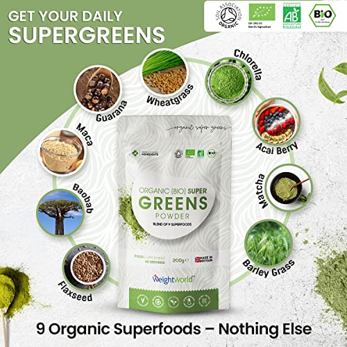 Superfood Mix Organico en Polvo 200gr - 9 Super Alimentos Detox Natural en Polvo, Super Greens Con Hierba de Trigo, Chlorella, Maca en Polvo y Té Verde Matcha, Rico en Vitaminas y Minerales y Fibra