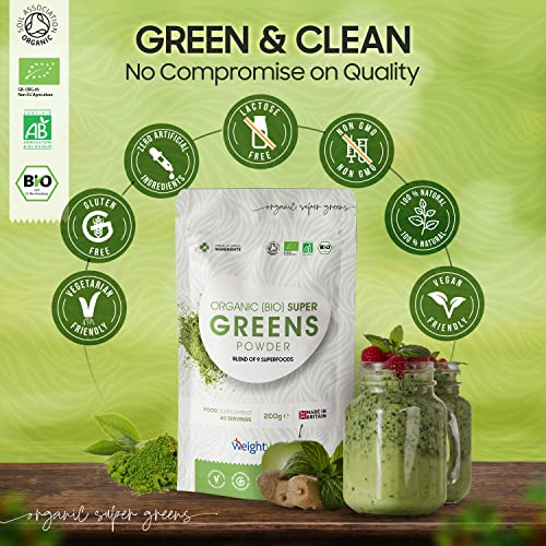 Superfood Mix Organico en Polvo 200gr - 9 Super Alimentos Detox Natural en Polvo, Super Greens Con Hierba de Trigo, Chlorella, Maca en Polvo y Té Verde Matcha, Rico en Vitaminas y Minerales y Fibra