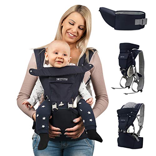 Sweety Fox - Portabebes Ergonómico y Asiento de Cadera - Para Bebes y Niños de 3 a 36 meses - Algodón y tejido de punto Transpirable con Relleno - Confort y Seguridad con Cinturones