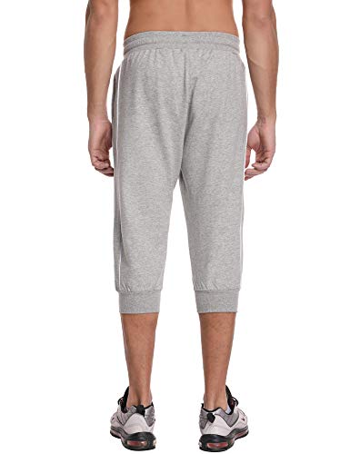 Sykooria 3/4 Pantalon Chándal Hombre Verano Algodón Corto Pantalones Deporte Hombre Pantalon Deportivo para Hombre para Fitness Jogger Entrenamiento Cintura Elastica con Bolsillos, Gris, M