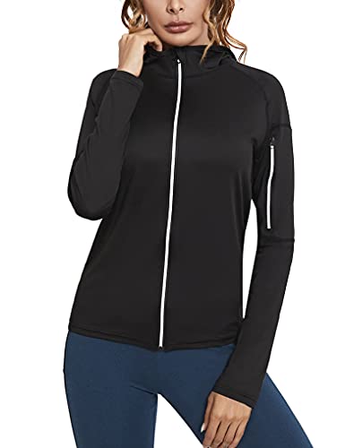 Sykooria Chaqueta Deportiva Mujer de Manga Larga con Capucha Sudadera Cremallera Mujer para Running Gym Fitness,Negro,L