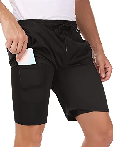 Sykooria Pantalones Cortos Hombre Deporte 2 en 1 con Bolsillo Incorporado Verano Pantalón Corto Hombre para Running Fitness Gym Tennis,Negro,L