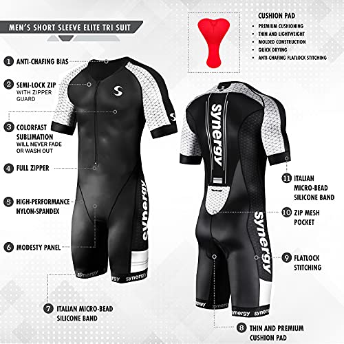 Synergy Triathlon Tri Suit Elite - Pantalón corto para hombre (talla pequeña), color negro y blanco
