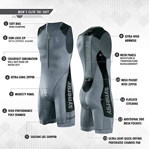 Synergy Triathlon Tri Suit Elite Sleeveless Trisuit (Elite Gunmetal, grande)