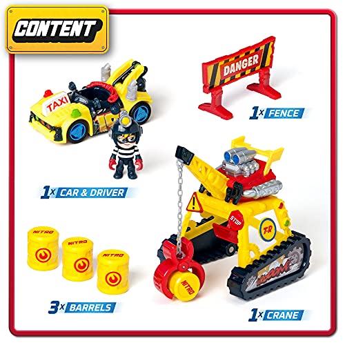 T-RACERS Turbo Crane Challenge– Grúa con Pinza, 1 piloto y 1 Coche Exclusivo y Accesorios. Pista de Coches de Juguete