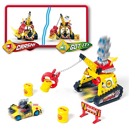 T-RACERS Turbo Crane Challenge– Grúa con Pinza, 1 piloto y 1 Coche Exclusivo y Accesorios. Pista de Coches de Juguete