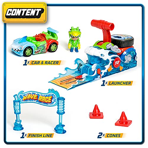 T-RACERS Wave Race – Lanzador Interactivo y 1 piloto y 1 Coche Exclusivo. Pista de Coches de Juguete