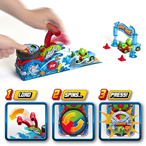 T-RACERS Wave Race – Lanzador Interactivo y 1 piloto y 1 Coche Exclusivo. Pista de Coches de Juguete