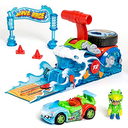 T-RACERS Wave Race – Lanzador Interactivo y 1 piloto y 1 Coche Exclusivo. Pista de Coches de Juguete