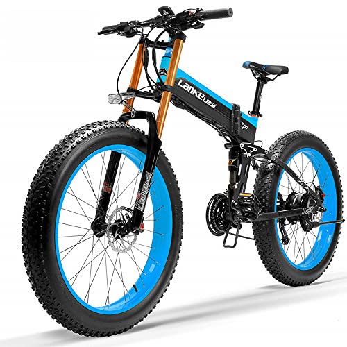 T750plus 26 Pulgadas Bicicleta de montaña eléctrica Plegable para la Nieve para Adultos, Bicicleta eléctrica de 27 velocidades con batería extraíble (Blue, 14.5Ah)