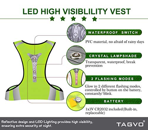 TAGVO Chaleco LED para Correr - Chaleco Reflectante de Seguridad Bicicleta - Chaleco Reflectante de Alta Visibilidad para Actividades Nocturnas al Aire Libre, como Correr, Ciclismo, Pasear (con LED)