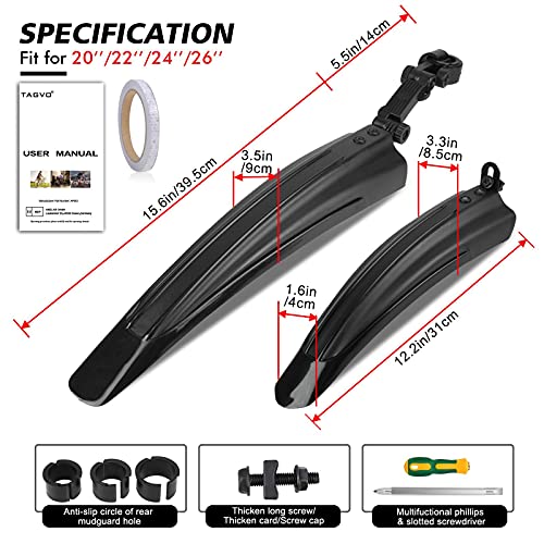 TAGVO Guardabarros Bicicleta, 2-Piezas Universal Cubierta Completa Espesa Widen Guardabarros Delantero y Trasero de Bicicleta, Guardabarros Ajustable portátil para Bicicleta de montaña y Carretera